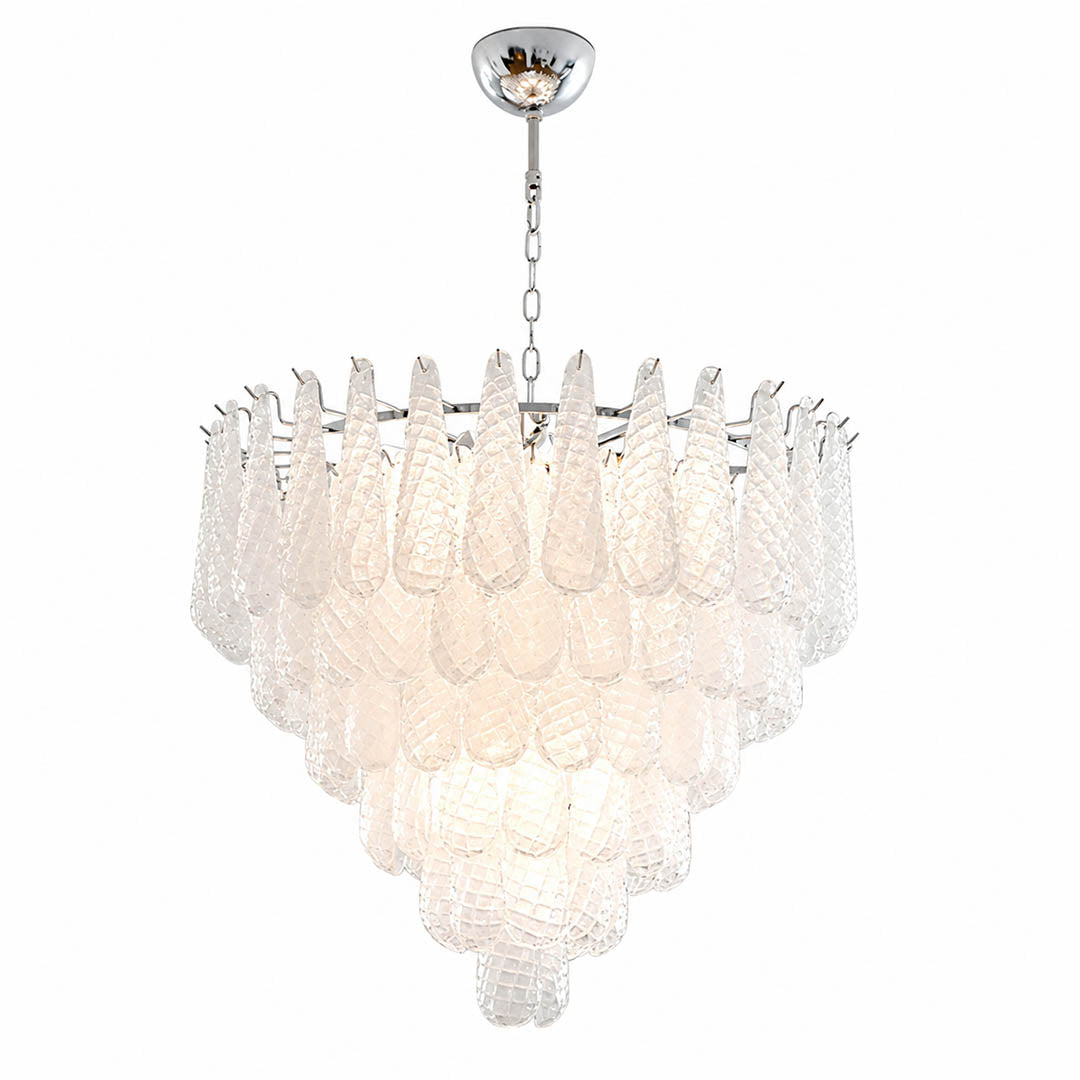 Stella Murano glass teardrop chandelier 6 layer 32 inch polished nickel Italian blown glass tiered cascade mid century art deco white background