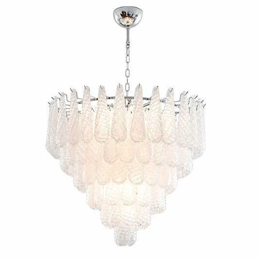 Stella Murano glass teardrop chandelier 6 layer 32 inch polished nickel Italian blown glass tiered cascade mid century art deco white background