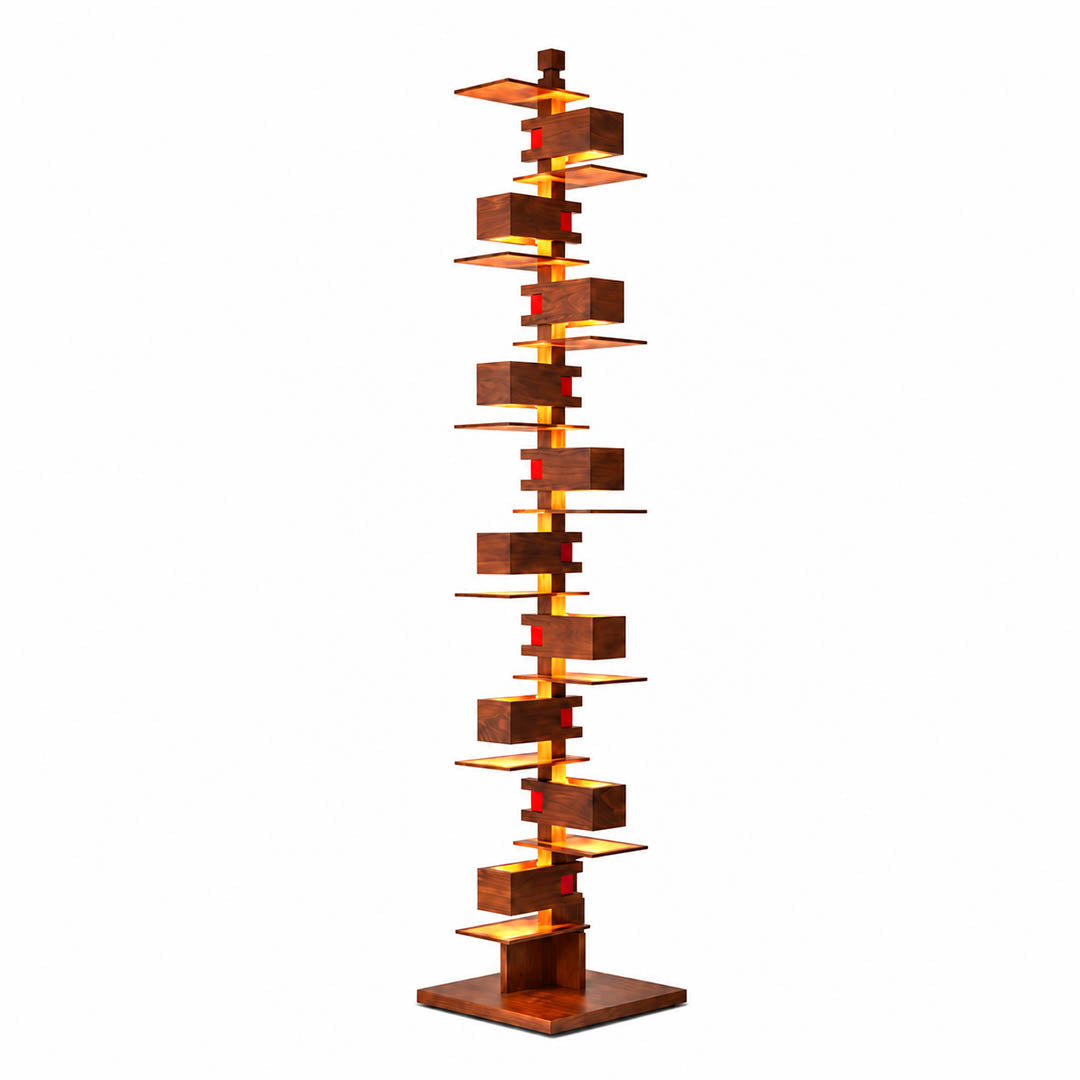 Strato floor lamp walnut wood color layered horizontal slat art deco 80.2 inch tall Prairie School inspired vertical architectural tower corner statement white background