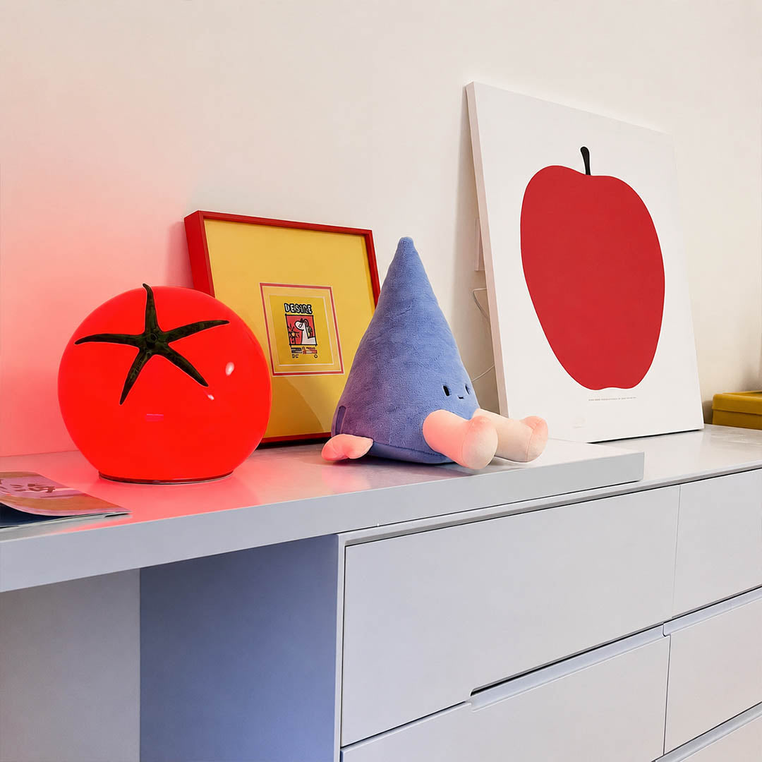Tomato glass table lamp kids room playful red glass fun whimsical warm American home lifestyle interior styled