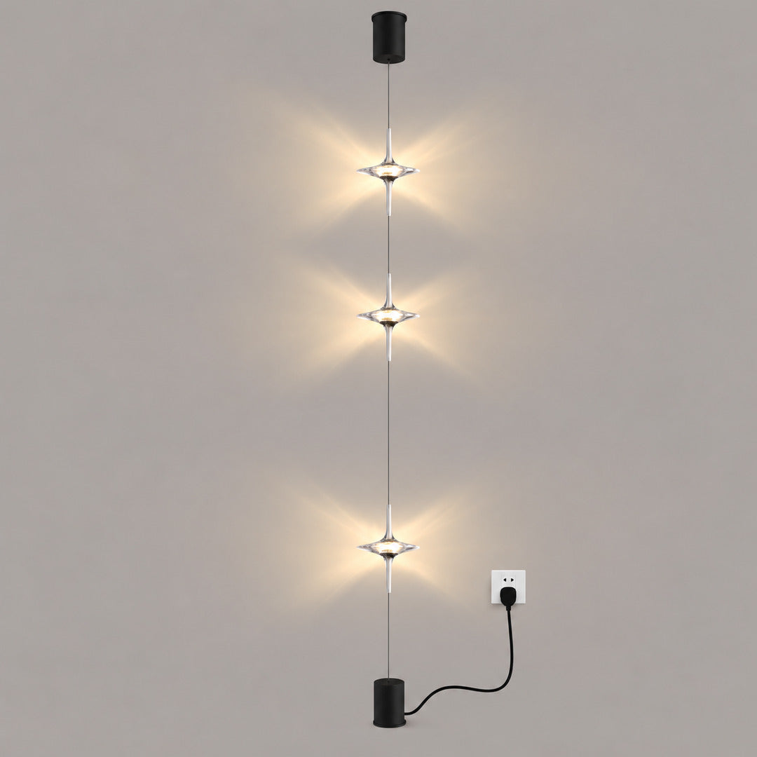 Chrome Trottola floor-to-ceiling lamp with three crystal star LED heads