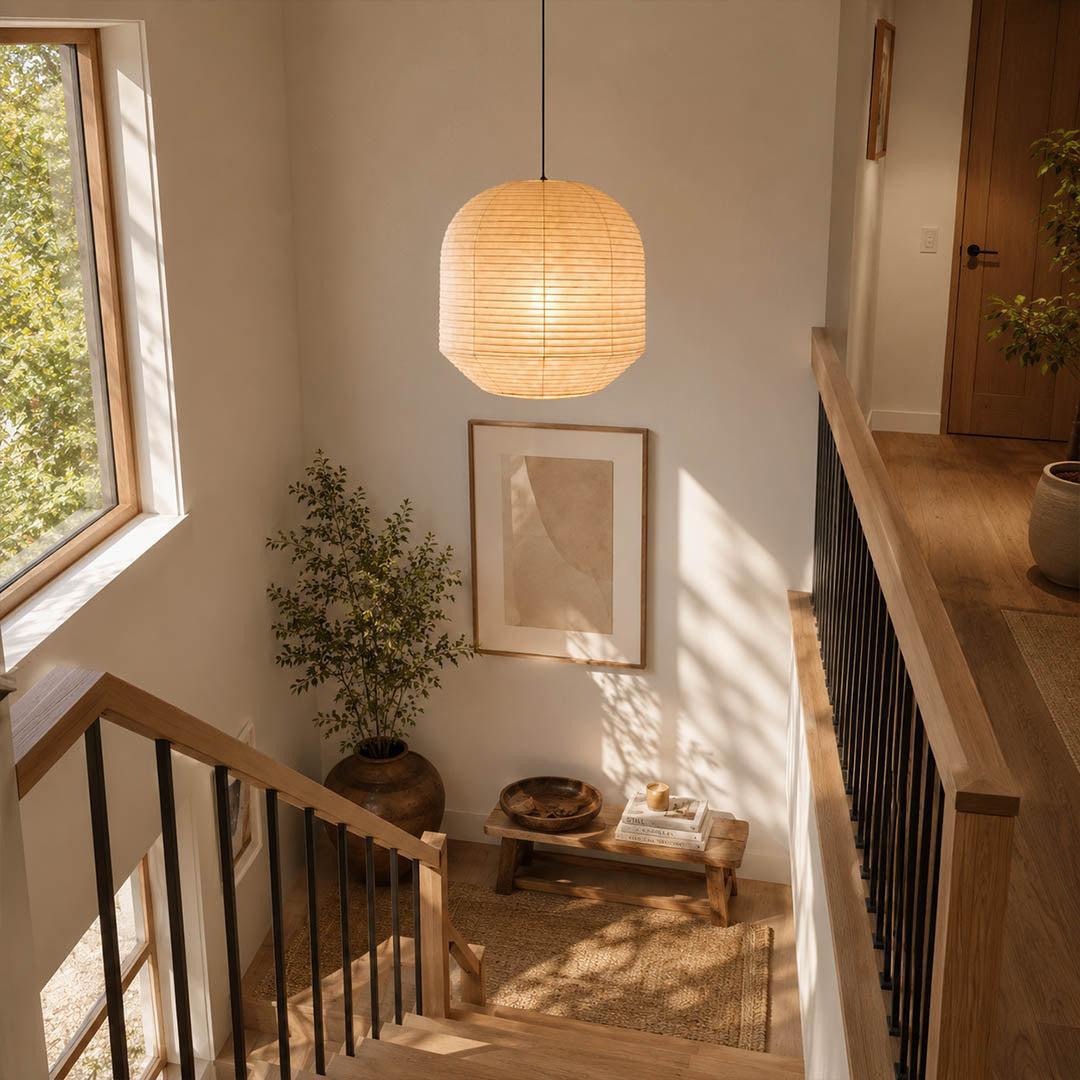 Tsuki pendant light 34.6 inch modern entryway foyer welcome sculptural statement warm ambient Japanese Zen lifestyle interior