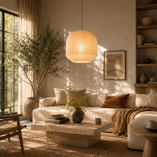 Tsuki pendant light 34.6 inch modern living room seating cluster statement Japandi Wabi Sabi warm ambient sculptural Japanese lifestyle interior