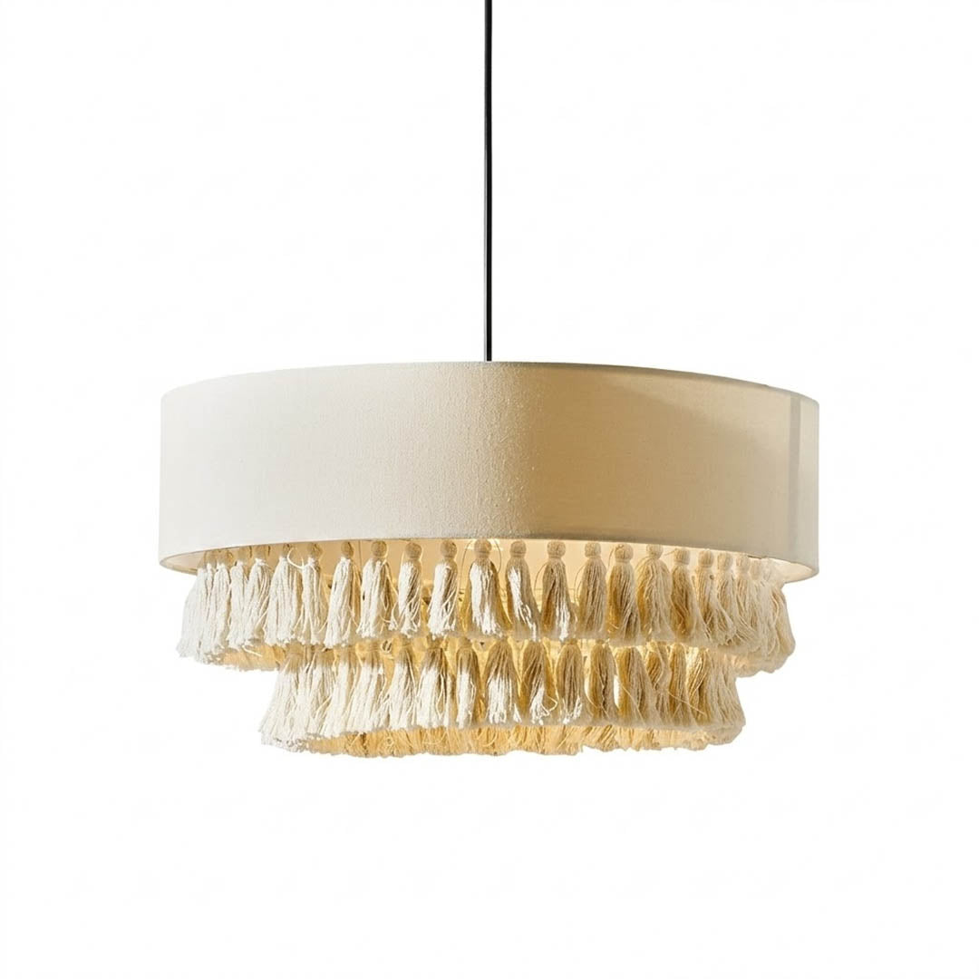 Tulum jute pendant light woven natural fiber boho tassel fringe 19.7 inch white background