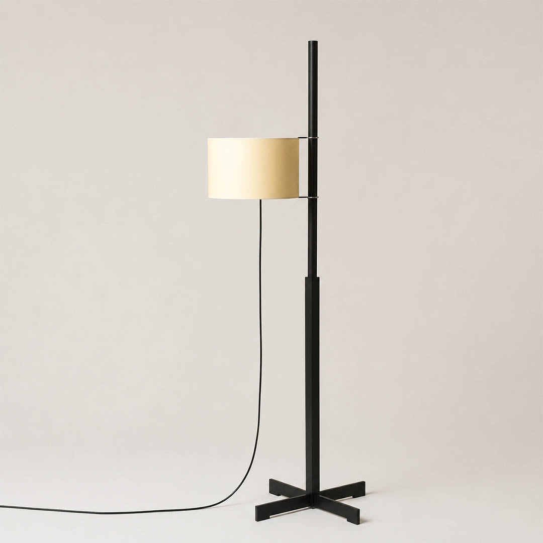 Vara floor lamp modern minimalist Spanish black powder coated rod slender pole beige linen fabric drum shade 64.9 inch tall E26 Miguel Mila inspired Scandinavian Japandi graphic white background