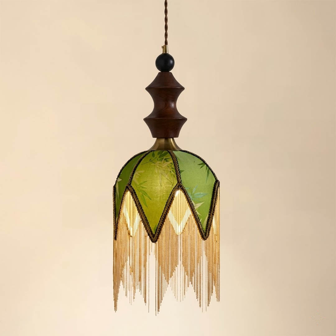 Verde green tassel pendant light slim boho walnut wood top fabric fringe white background
