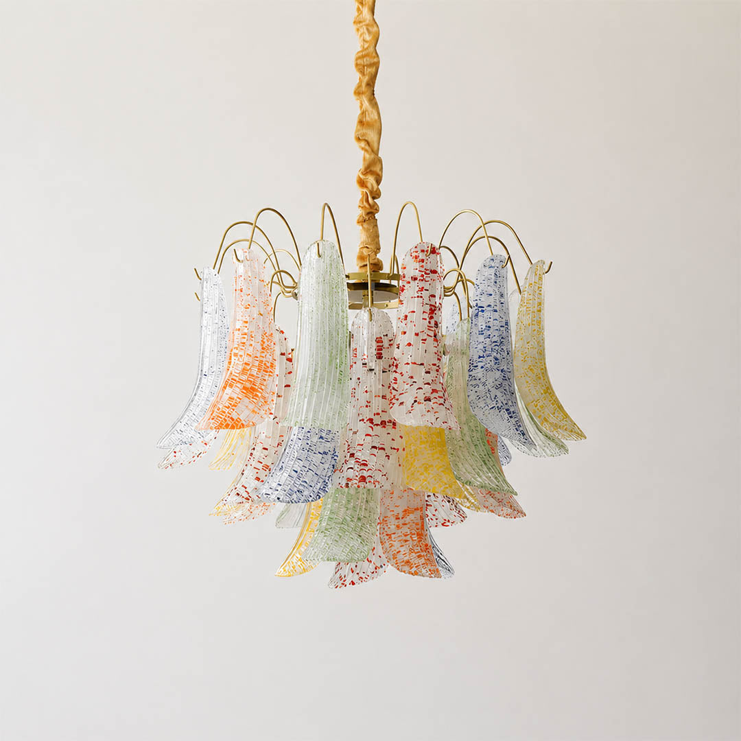 Verona Murano glass flower chandelier large 24 inch colorful multi tone grand statement yellow green blue red hand blown Italian artisan cluster orb sculptural modern white background