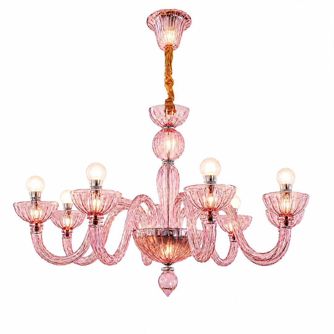 Vienna candle style fluted glass chandelier Pink Hollywood Regency 28 inch Vintage romantic French Country white background