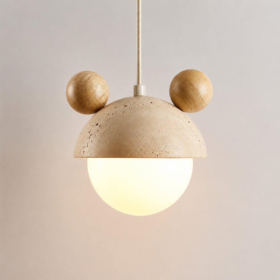 Volta travertine pendant light wood color oak top yellow travertine dome mini white background