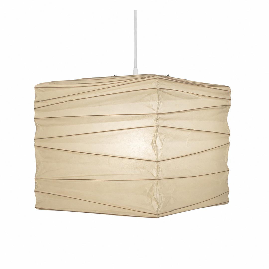 Studio shot of the illuminated square Washi Paper 33X 45X Pendant Light against a solid white backdrop by Stuber Lighting.