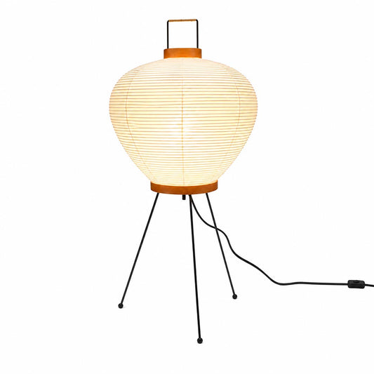 Studio portrait of the illuminated Washi Paper 3A Table Lamp with a top handle against a solid white backdrop by Stuber Lighting.