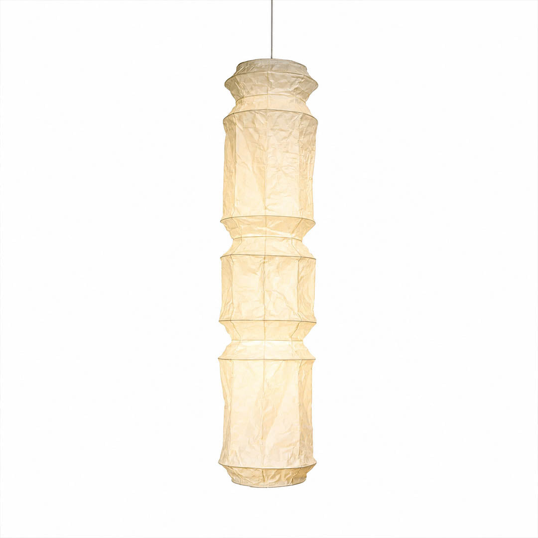 Washi Paper L6 pendant light Japanese handcrafted vertical drop cylinder 63 inch tall 13.8 inch diameter white wire ultra tall dramatic column minimalist Zen atrium foyer staircase double height white background