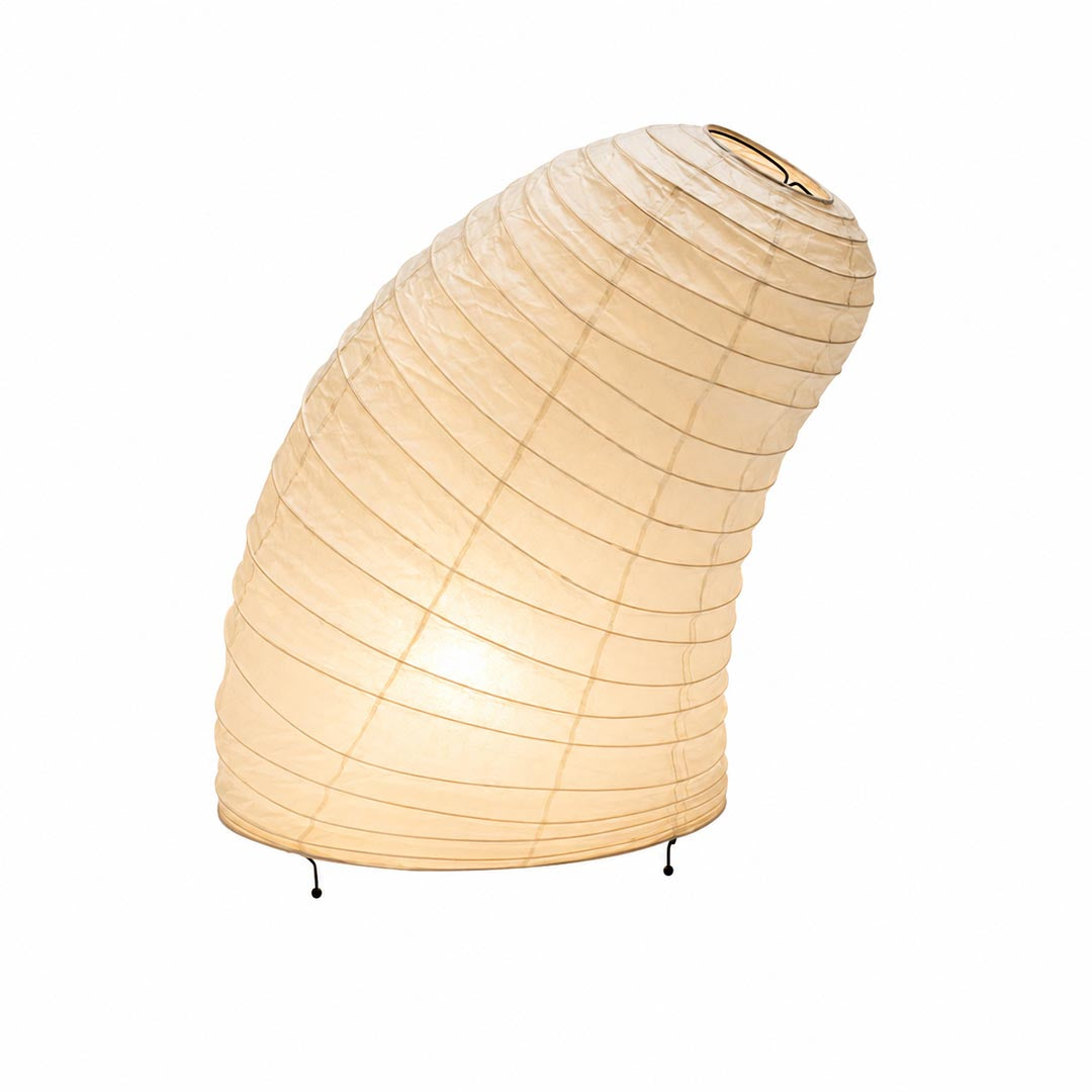 Studio portrait of the illuminated sculptural Washi Paper VB-13T Curved Horn Table Lamp against white background by Stuber Lighting.