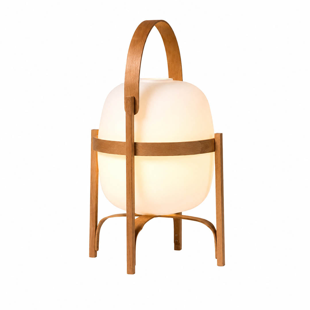 Wynne portable lantern glass table lamp Ash Wood light pale handle 10 inch cordless rechargeable Mid Century modern Scandinavian white background