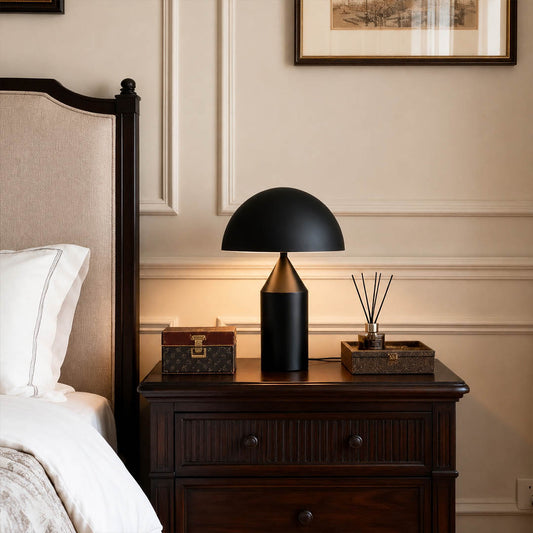Zelviro table lamp bedroom nightstand bedside copper geometric accent warm ambient American home lifestyle interior styled