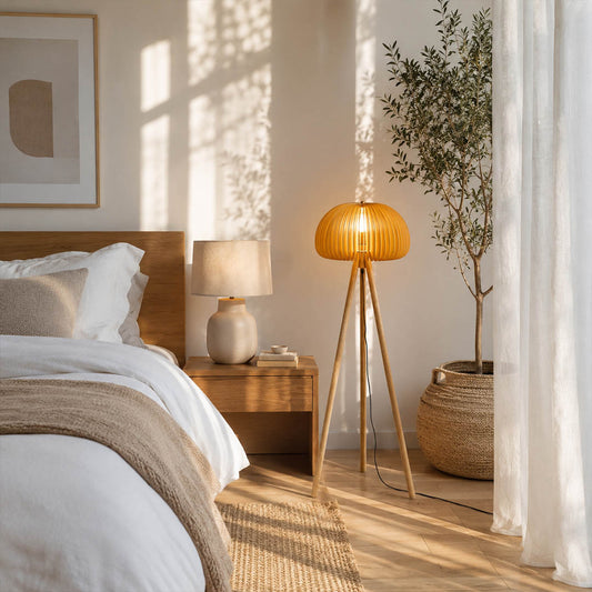 Zucca wood slat floor lamp primary bedroom bedside corner natural wood tripod warm soft glow rustic cozy American home lifestyle interior