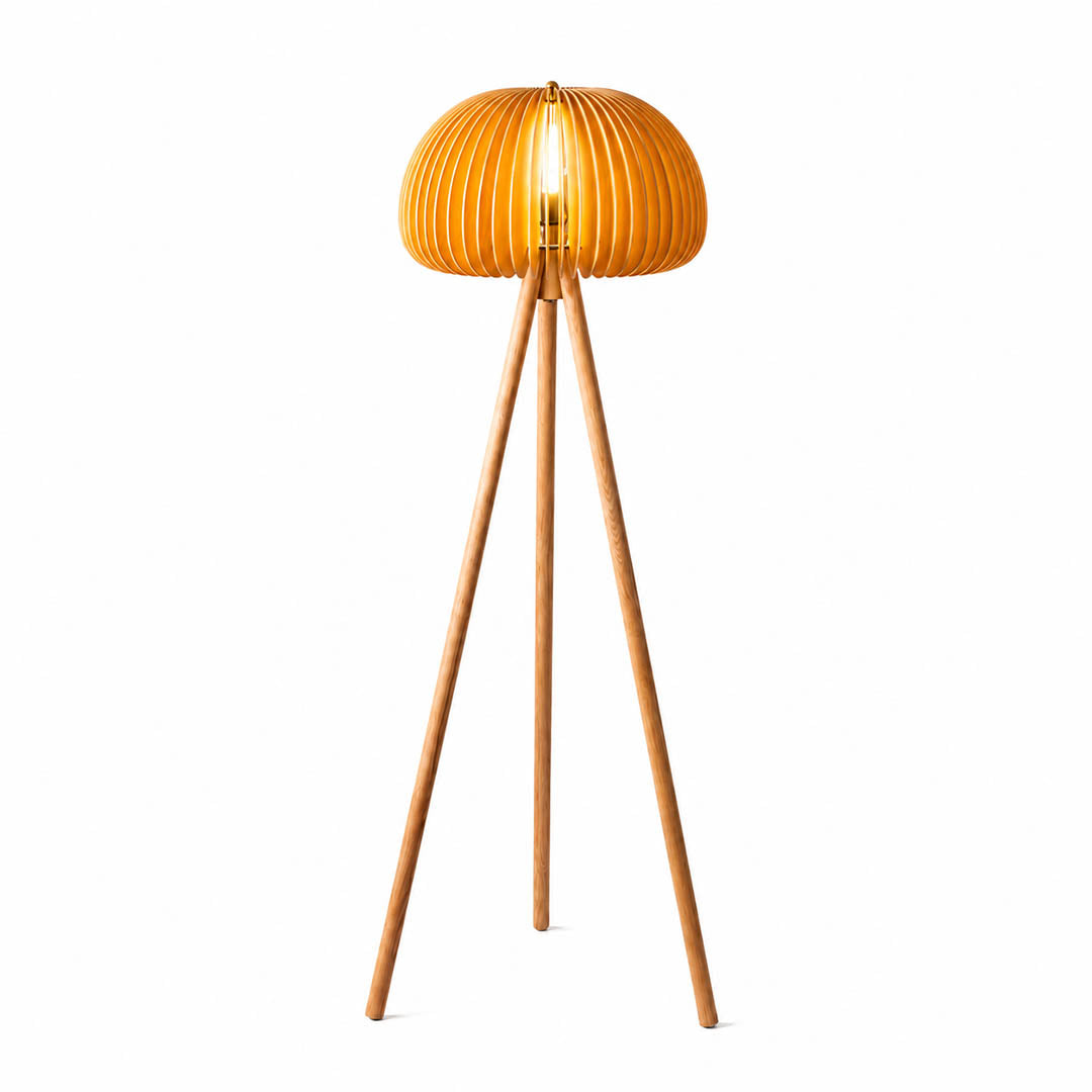 Zucca wood slat floor lamp illuminated warm glow through natural wood slats pumpkin shade tripod rustic cozy white background front view