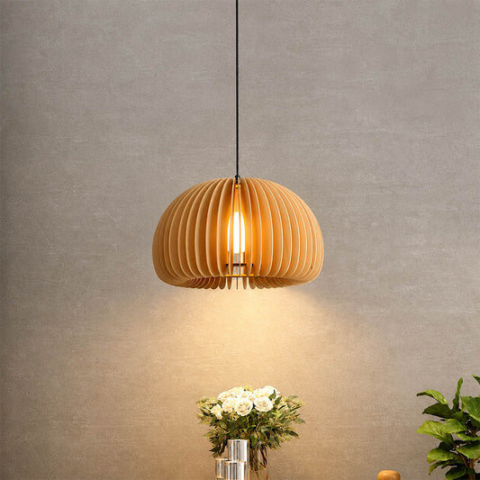 Zucca wood slat pendant light natural wood grain warm tone eco friendly basswood texture detail close up material quality