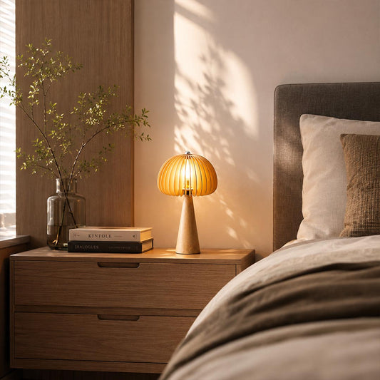 Zucca wood slat table lamp bedside nightstand primary bedroom natural wood pumpkin slat shade warm cozy glow rustic American home lifestyle interior