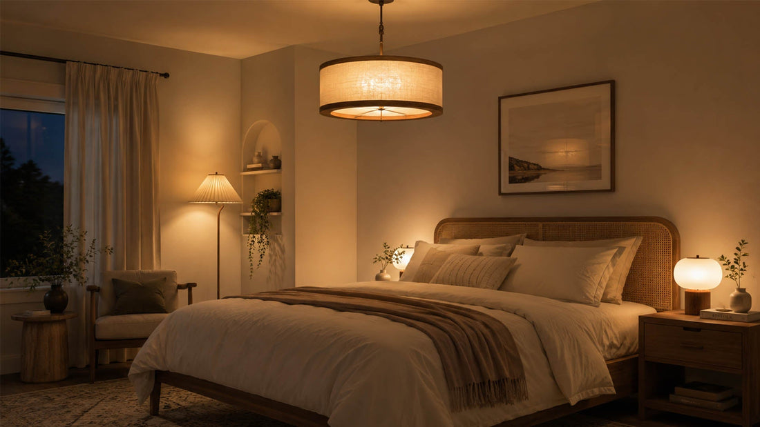 Cozy bedroom with layered lighting — warm ceiling fixture, bedside lamp, and corner floor lamp creating a calm restful glow