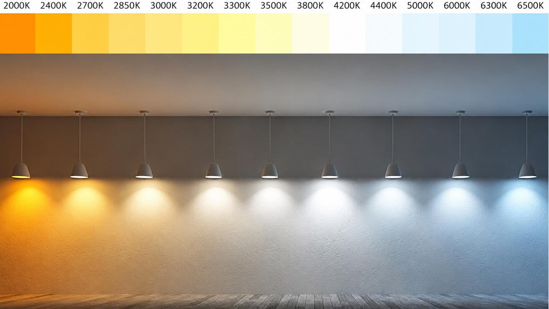 Bulb color temperature comparison — warm white 3000K vs cool white 6500K showing same room lit with different kelvin temperatures