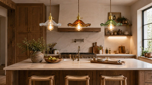 Kitchen island lighting with three pendant lights hanging above modern farmhouse kitchen island warm 3000K glow