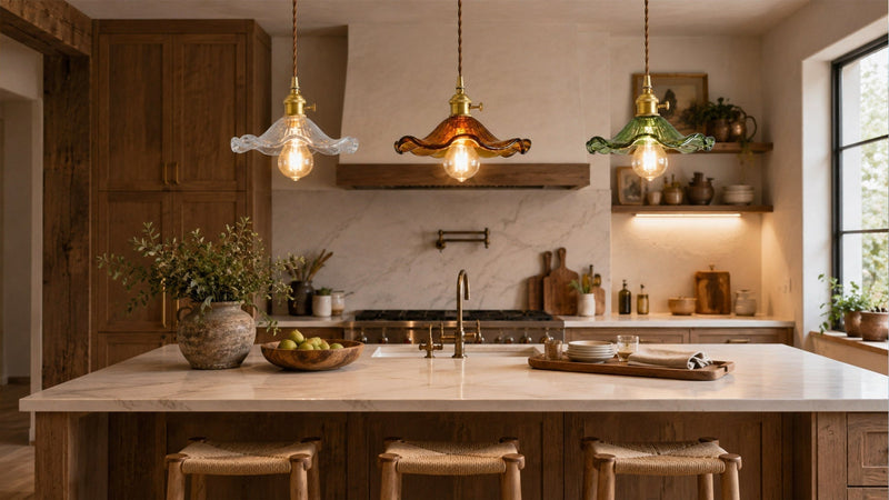 Kitchen island lighting with three pendant lights hanging above modern farmhouse kitchen island warm 3000K glow