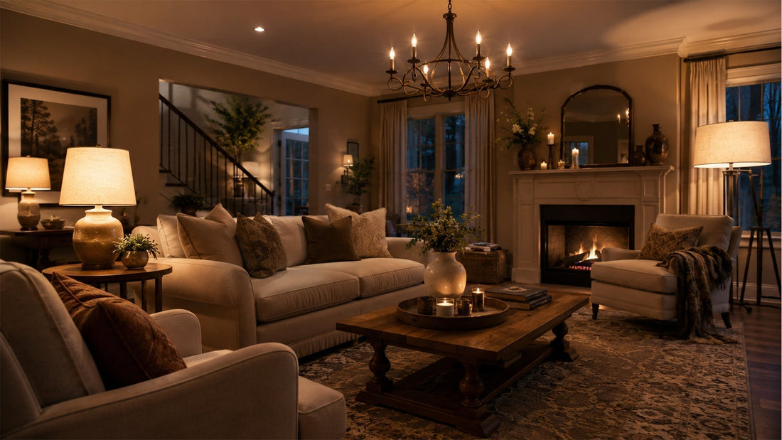 Warm cozy living room with layered lighting — floor lamp in corner, table lamps on side tables, dimmed chandelier overhead, creating an inviting atmospheric glow