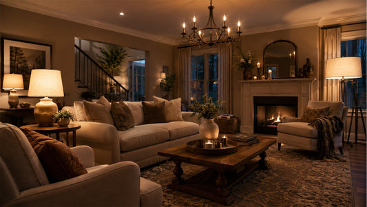 Warm cozy living room with layered lighting — floor lamp in corner, table lamps on side tables, dimmed chandelier overhead, creating an inviting atmospheric glow