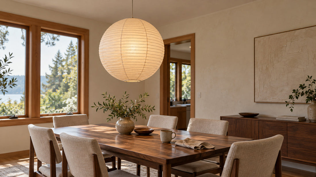 Washi paper pendant light bringing a warm, diffused glow to a modern American dining room