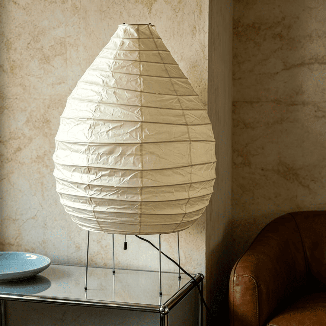 Large 22N Washi paper table lamp with bamboo ribs, glowing warmly on a minimalist floor setting.