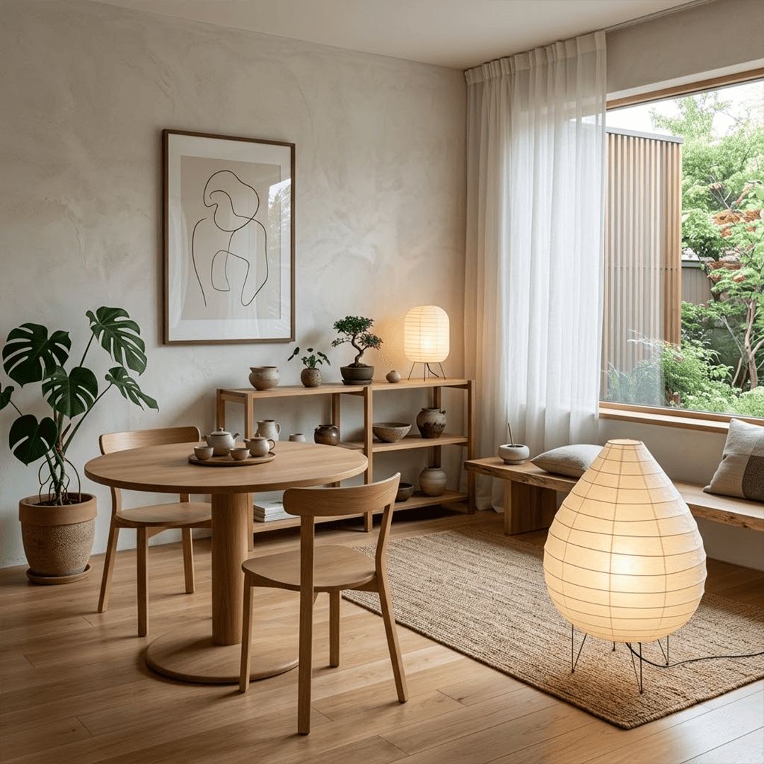 Large 22N Washi paper table lamp with bamboo ribs, glowing warmly on a minimalist floor setting.