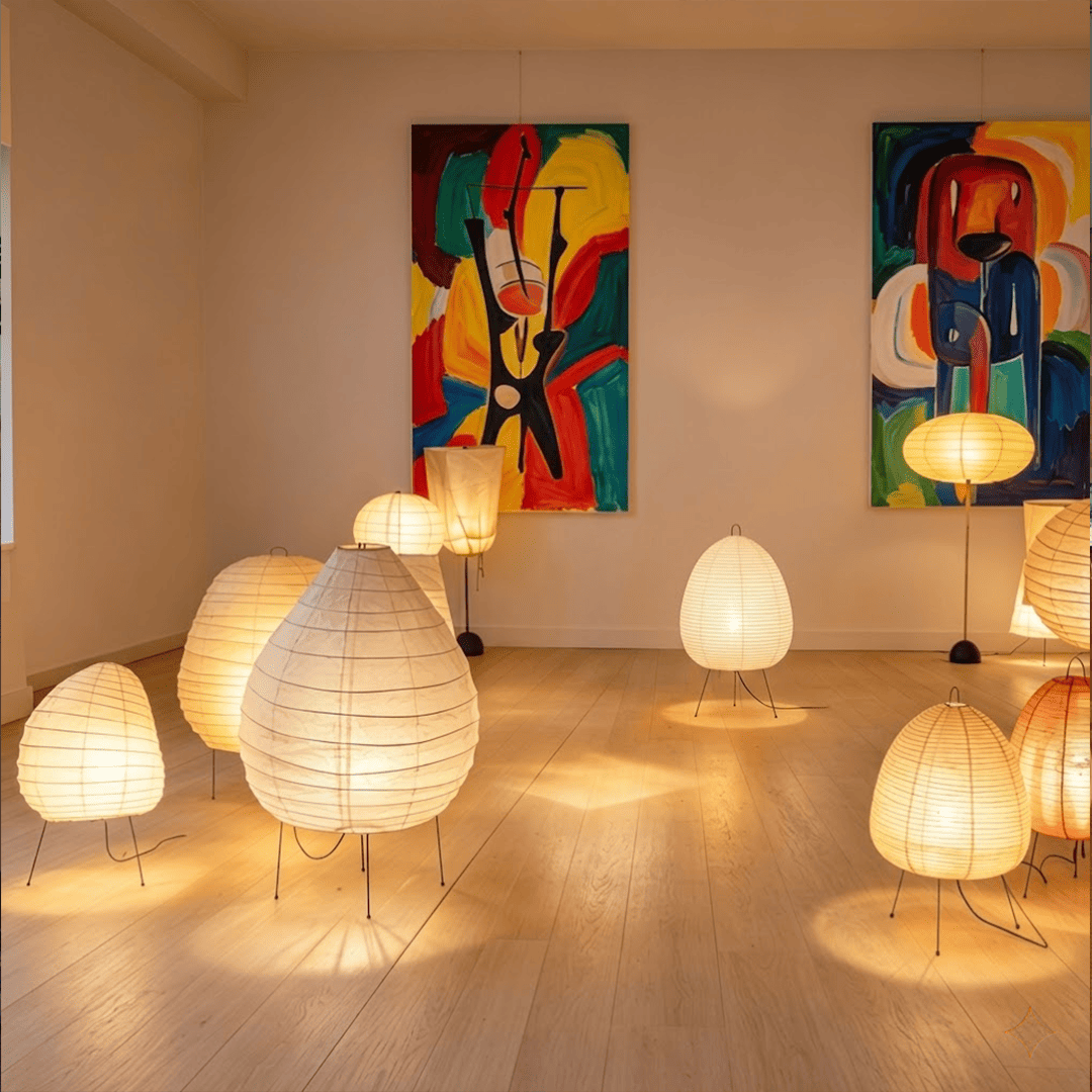 Large 22N Washi paper table lamp with bamboo ribs, glowing warmly on a minimalist floor setting.