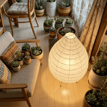 Large 22N Washi paper table lamp with bamboo ribs, glowing warmly on a minimalist floor setting.