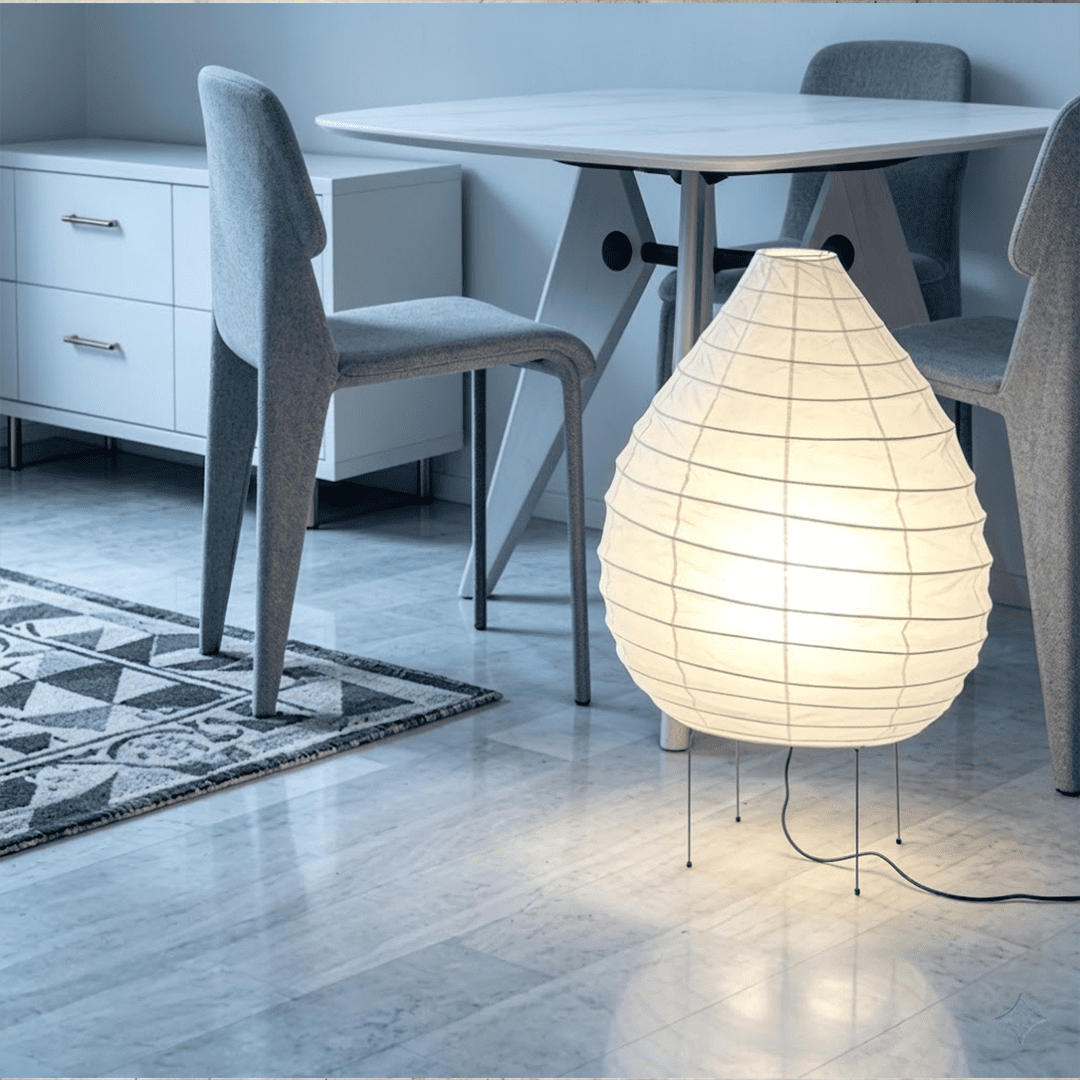 Large 22N Washi paper table lamp with bamboo ribs, glowing warmly on a minimalist floor setting.
