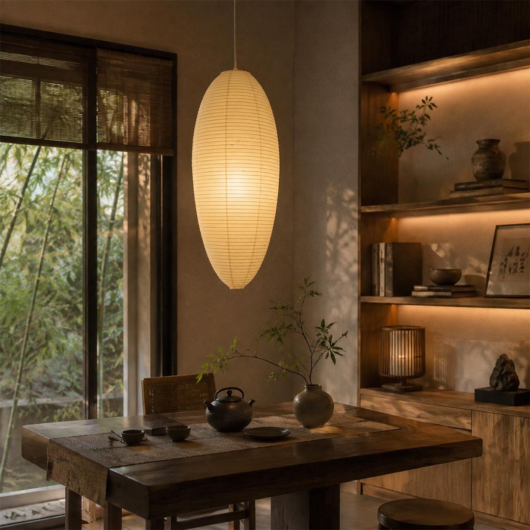 Illuminated 23A 24A washi paper egg shape pendant light creating warm ambient lighting in a Japandi tea room setup