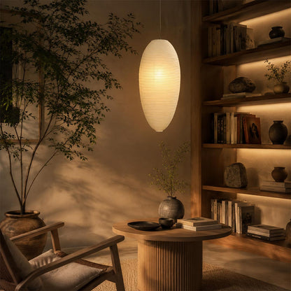 apanese style 23A 24A washi paper egg shape pendant light in a serene dining room with large garden windows