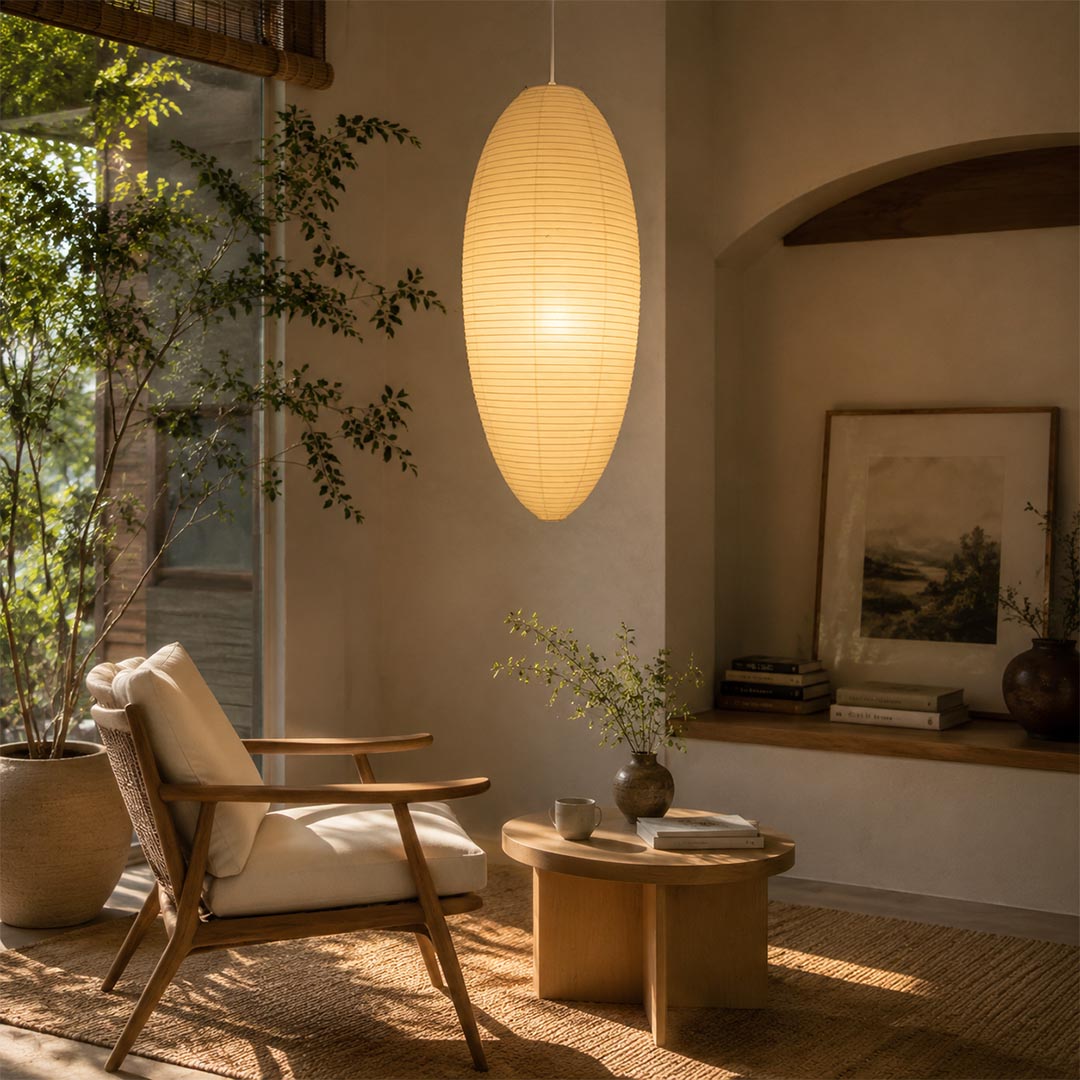 Warmly lit 23A 24A washi paper egg shape pendant light hanging in a cozy living room lounge corner
