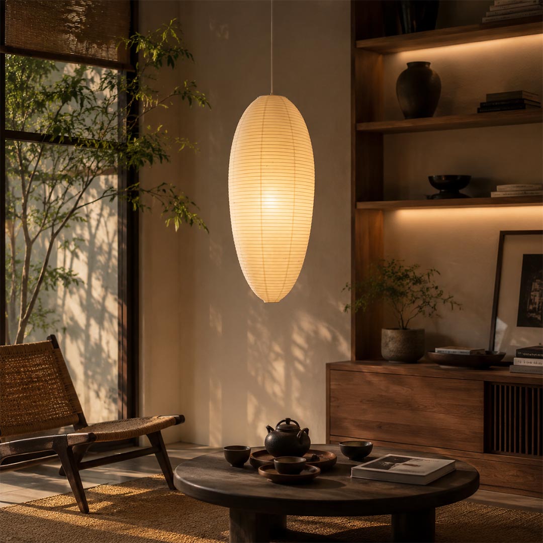 apanese style 23A 24A washi paper egg shape pendant light in a serene dining room with large garden windows