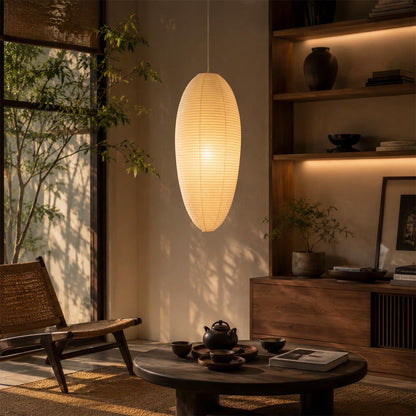 apanese style 23A 24A washi paper egg shape pendant light in a serene dining room with large garden windows