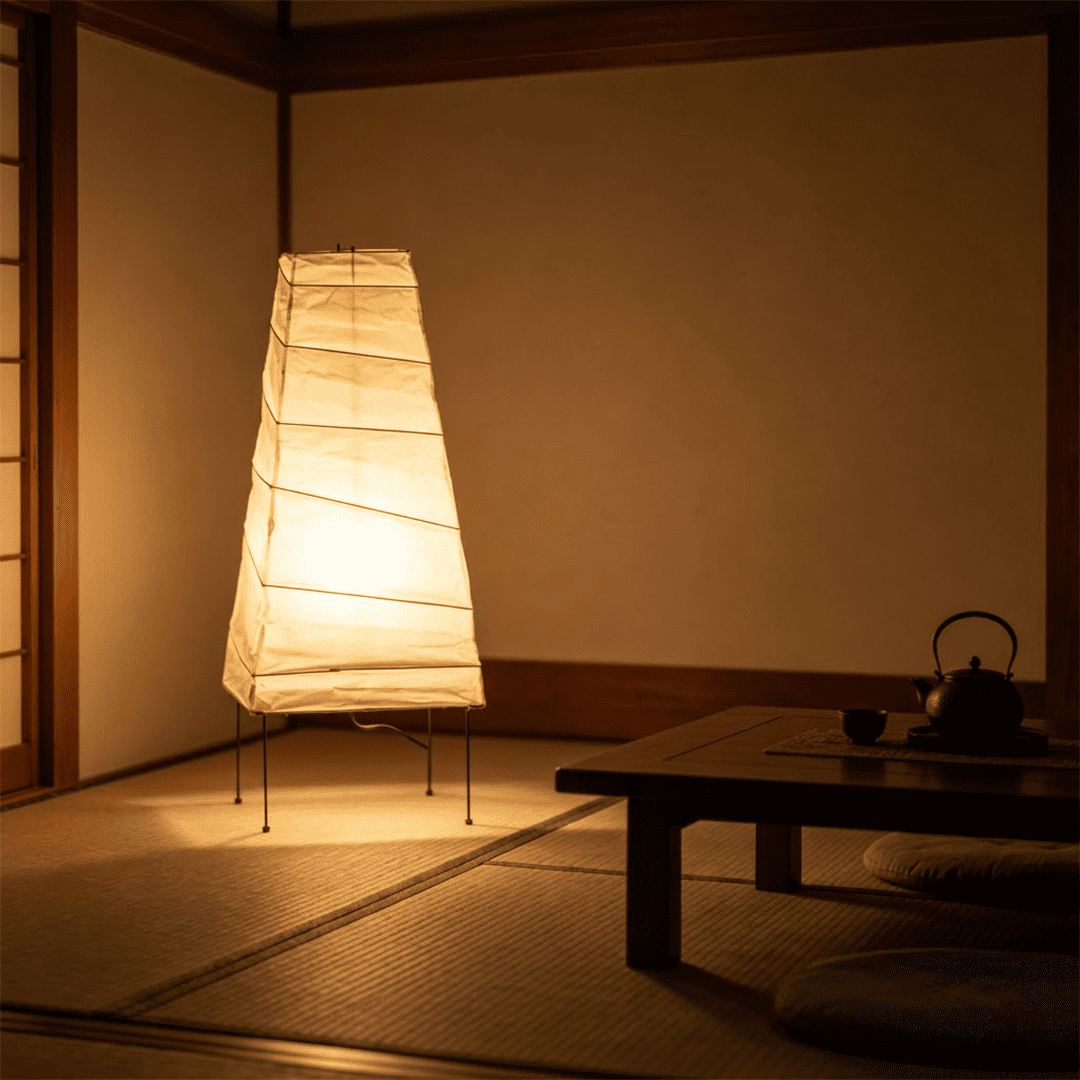Handcrafted organic oval Washi Paper 4N Table Lamp on black tripod legs emitting a soft warm glow in a Japandi style interior setting.