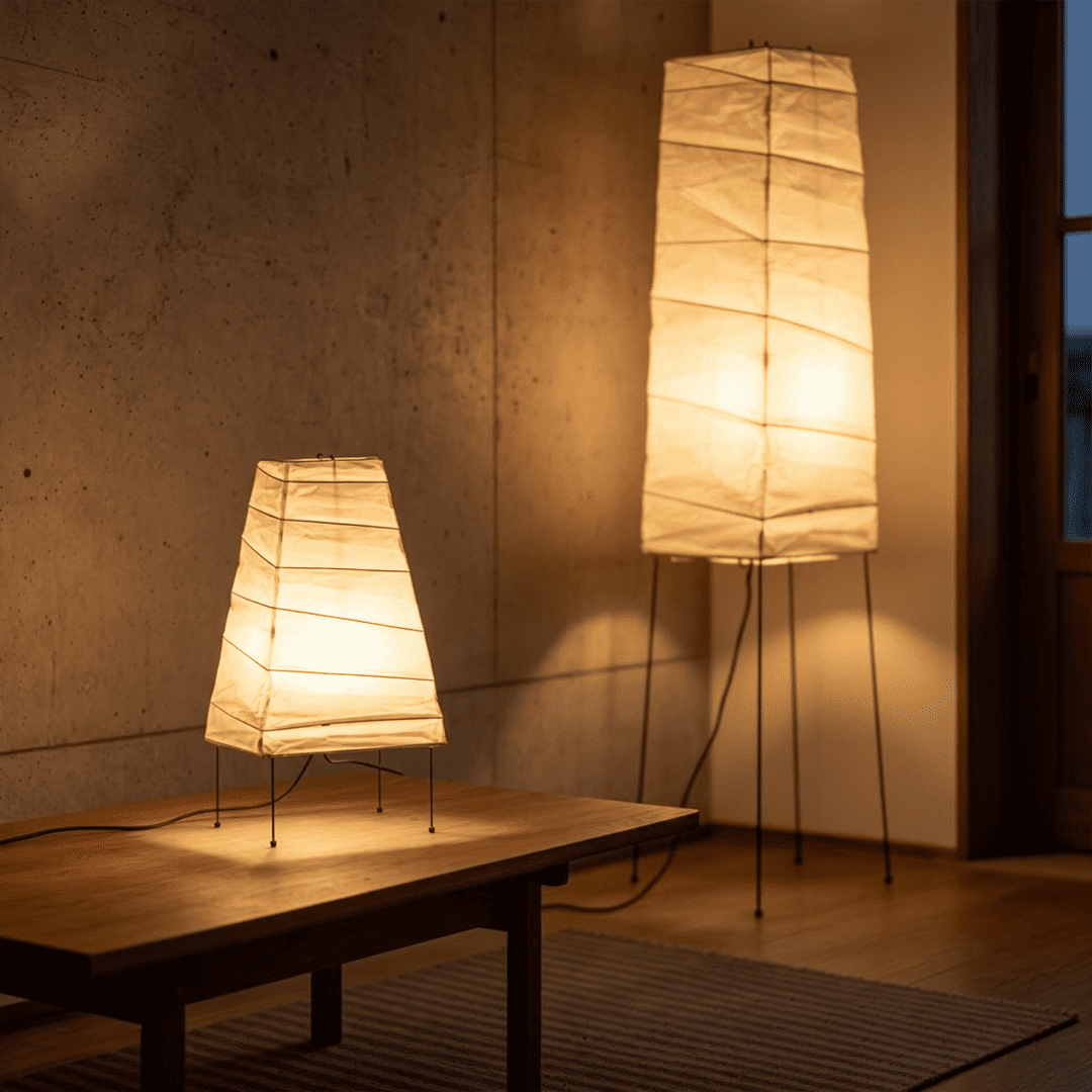 Handcrafted organic oval Washi Paper 4N Table Lamp on black tripod legs emitting a soft warm glow in a Japandi style interior setting.