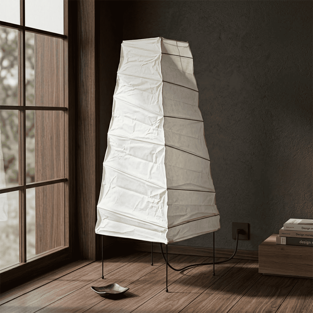 Handcrafted organic oval Washi Paper 4N Table Lamp on black tripod legs emitting a soft warm glow in a Japandi style interior setting.