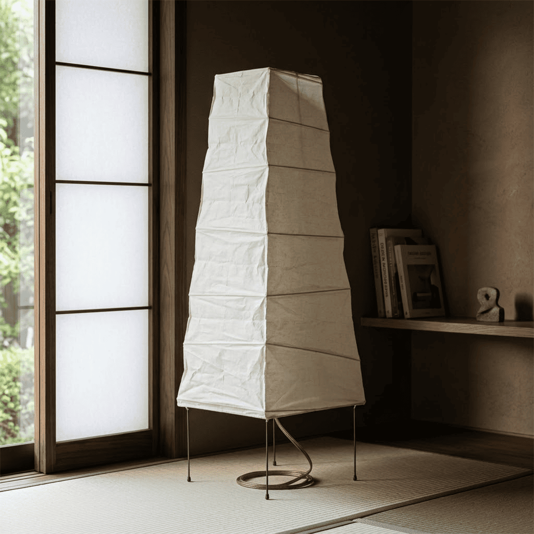 Handcrafted organic oval Washi Paper 4N Table Lamp on black tripod legs emitting a soft warm glow in a Japandi style interior setting.