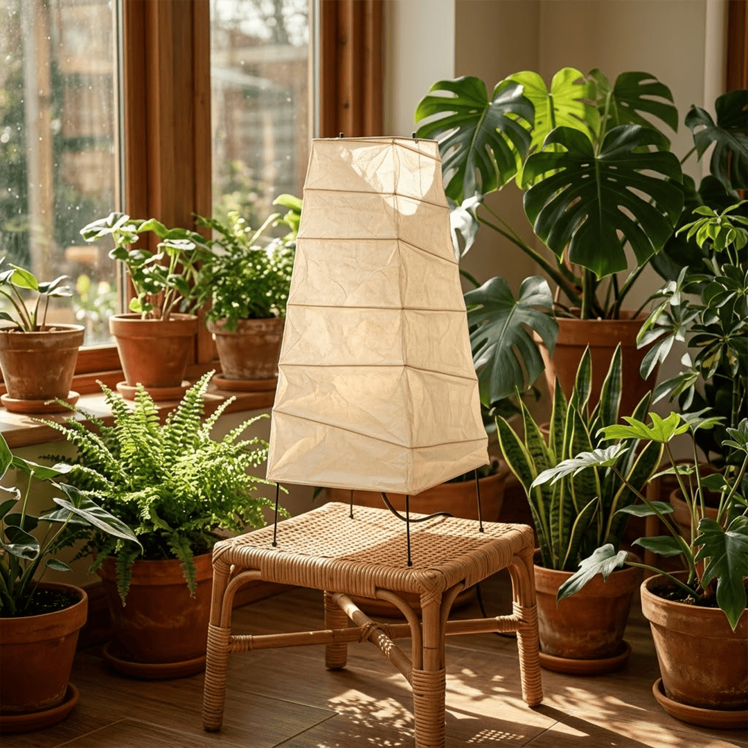 Handcrafted organic oval Washi Paper 4N Table Lamp on black tripod legs emitting a soft warm glow in a Japandi style interior setting.
