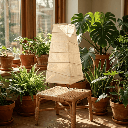 Handcrafted organic oval Washi Paper 4N Table Lamp on black tripod legs emitting a soft warm glow in a Japandi style interior setting.