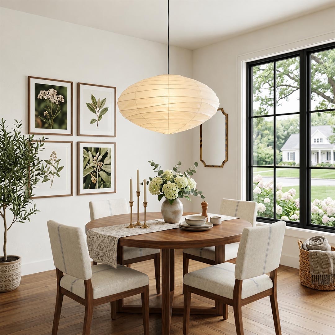Minimalist Stuber Lighting oval rice paper pendant lamp glowing above a round wooden table, cozy Japandi style seating area with armchair and cane chairs.