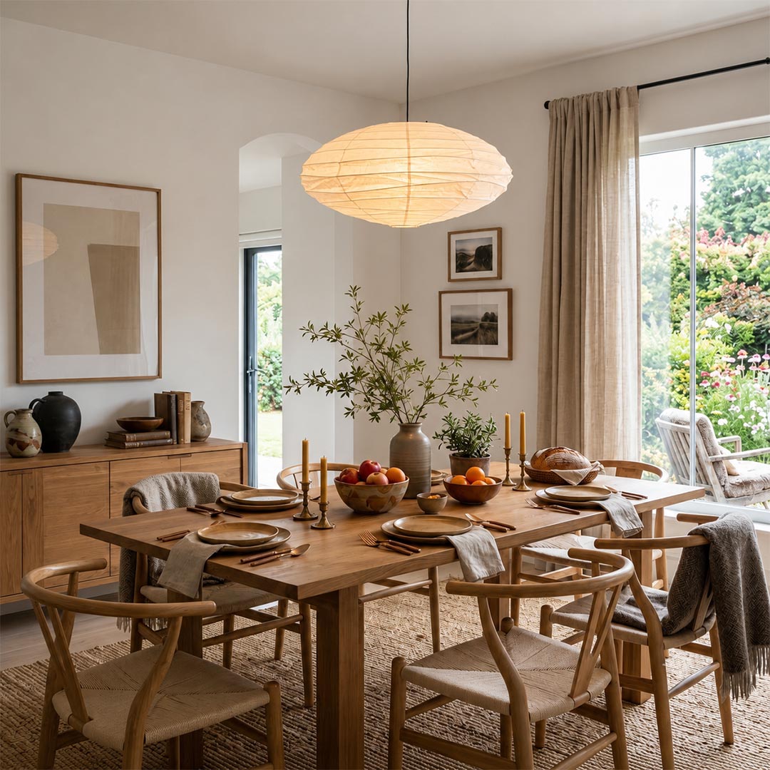 Stuber Lighting Japanese paper lantern ceiling light fixture styled with natural wood furniture, neutral wall art prints, and a woven tapestry in a modern minimalist room.