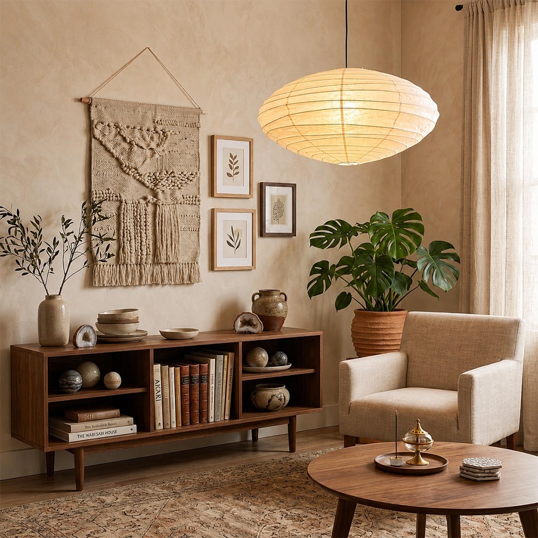 Vintage Wabi-Sabi home interior featuring Stuber Lighting handmade ribbed paper lantern hanging light, organic modern dining and lounge decor with warm earth tones