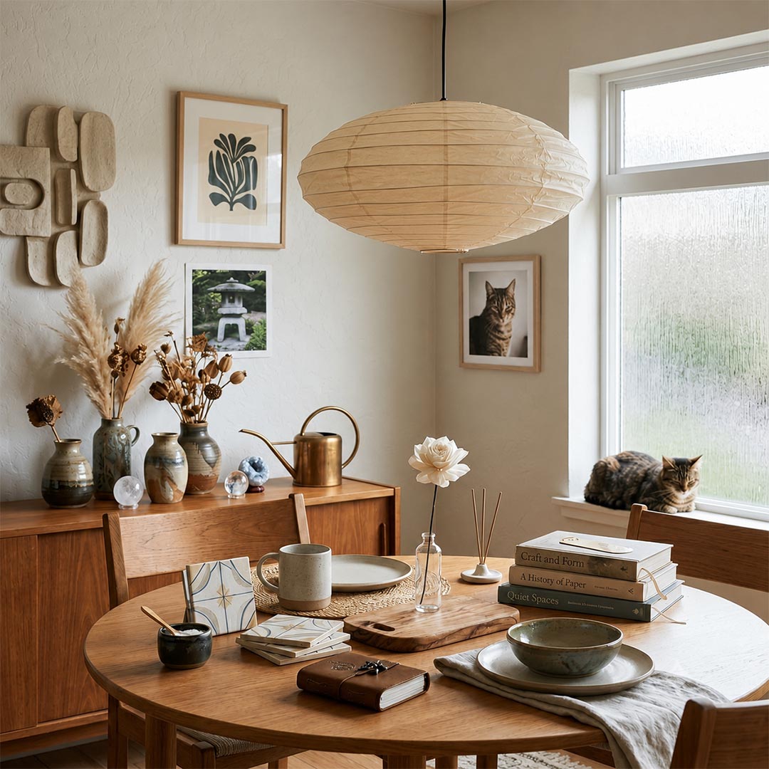 Vintage Wabi-Sabi home interior featuring Stuber Lighting handmade ribbed paper lantern hanging light, organic modern dining and lounge decor with warm earth tones.
